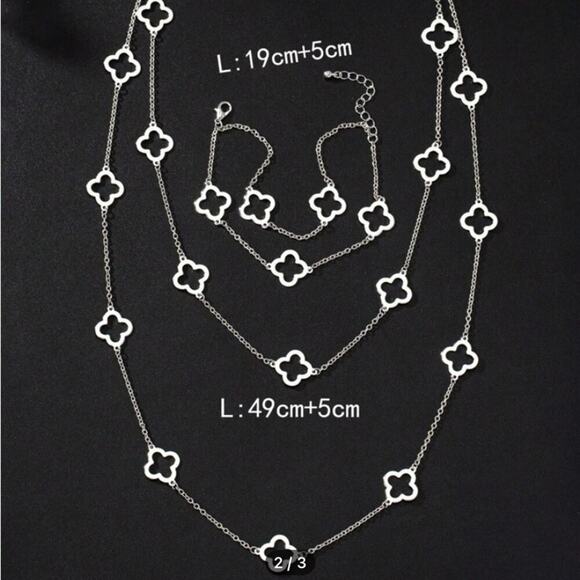 Silver Four Leaf Clover Necklace Bracelet Set Luxury Two Piece Set - Picture 3 of 4